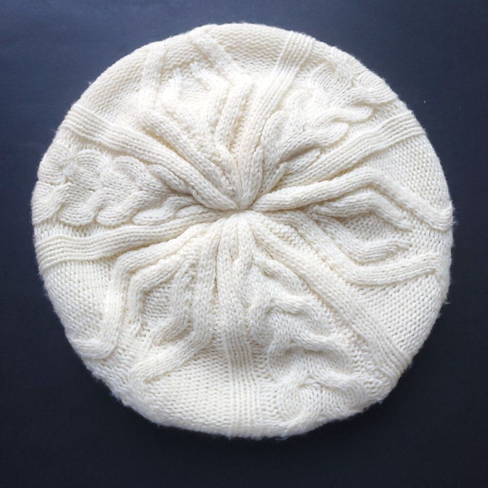 Womens Cream Cable Knit Beret Acrylic Knit Ski Beanie Slouchy Tam Hat
